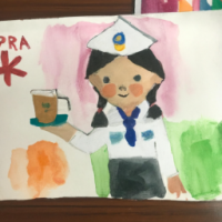 海绵宝宝打扮成邮递员在山腰喝咖啡，5 岁孩子的水彩画