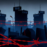 A dark dystopian Korean-inspired cityscape at night, tall grey concrete buildings with red propaganda banners, giant abstract posters of faceless leaders, barbed wire fences, and watchtowers glowing with searchlights. The atmosphere is cold, fearful, and oppressive, symbolizing strict rules and punishment.