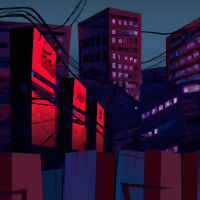 A dark dystopian Korean-inspired cityscape at night, tall grey concrete buildings with red propaganda banners, giant abstract posters of faceless leaders, barbed wire fences, and watchtowers glowing with searchlights. The atmosphere is cold, fearful, and oppressive, symbolizing strict rules and punishment.