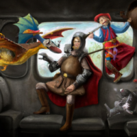 Super Mario dressed as a medieval knight riding a pterodactyl in the back of a bus, Baroque painting